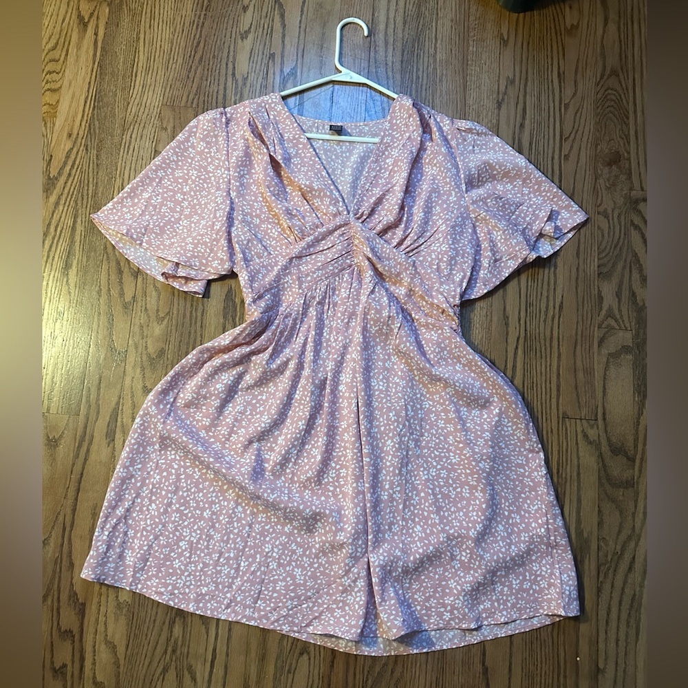 Pink And White Floral Ruched Flutter Sleeve Baby Doll Sun Dress Size Large
